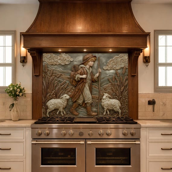 Young Shepherd and Wheat Field Tempered Glass Backsplash, Copper Relief Look Wall Panel