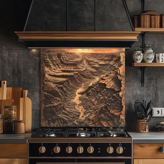 Tempered Glass Canyon Kitchen Backsplash: Rustic Copper Stove Splash