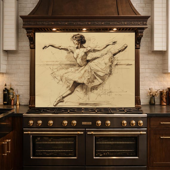 Ballerina Dance Sketch Tempered Glass Kitchen Backsplash, Modern Ballet Art Panel