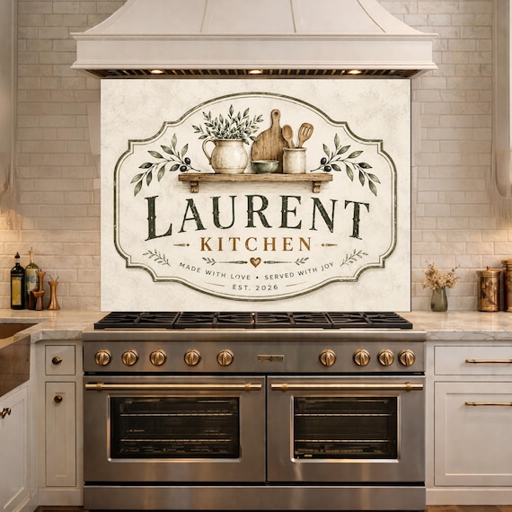 Personalized Farmhouse Kitchen Backsplash, Custom Family Name Glass Panel, Olive Branch Kitchen Sign Decor