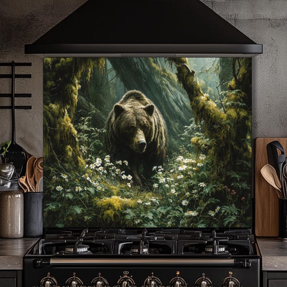 Copper Bear Backsplash: Hand-Embossed Tempered Glass, Rustic Cabin Kitchen