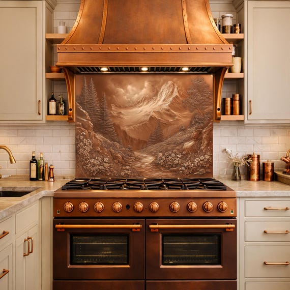 Alpine Peak Tempered Glass Backsplash, Copper Look Mountain and Valley Wall Panel, Custom Size