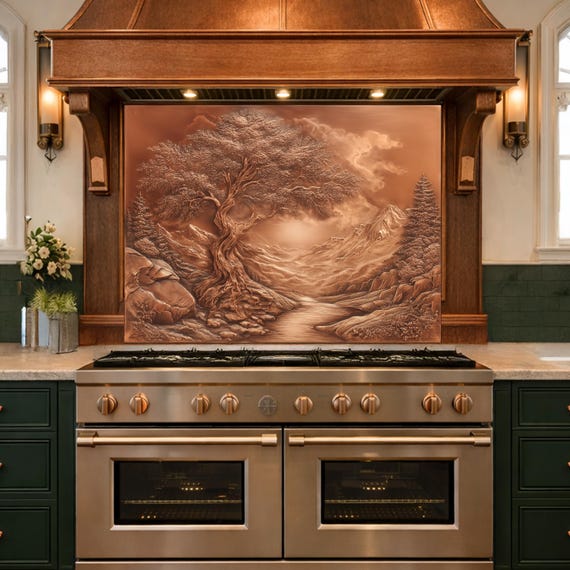 Majestic Twisted Tree Tempered Glass Backsplash, Copper Relief Look Wall Panel, Stove Guard