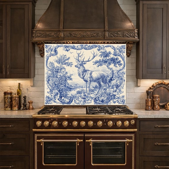 Blue White Deer Glass Backsplash, Vintage Ornate Tile Kitchen Wall Panel