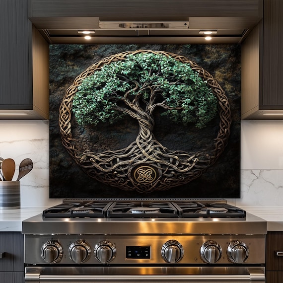 Handcrafted Celtic Tree of Life Tempered Glass Kitchen Backsplash