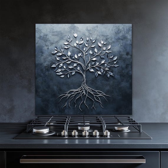 Tree of Life Kitchen Backsplash: Modern Silver Metal 3D Panel