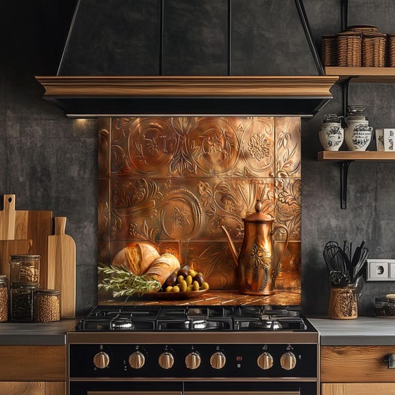 Copper Look Glass Kitchen Backsplash: Rustic Mediterranean Bread & Olive Design