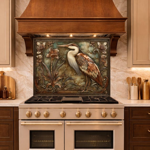 Blue Heron Botanical Tempered Glass Backsplash, Copper Look Floral Bird Wall Panel, Custom Size