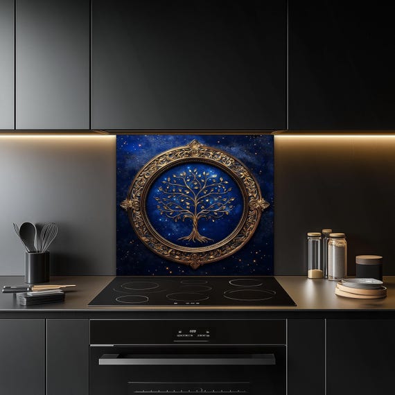 Gold Tree of Life Glass Backsplash: Ornate Blue Kitchen Decor