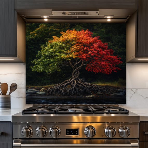 3D Tree of Life Kitchen Backsplash: Vibrant Metal Stove Backsplash