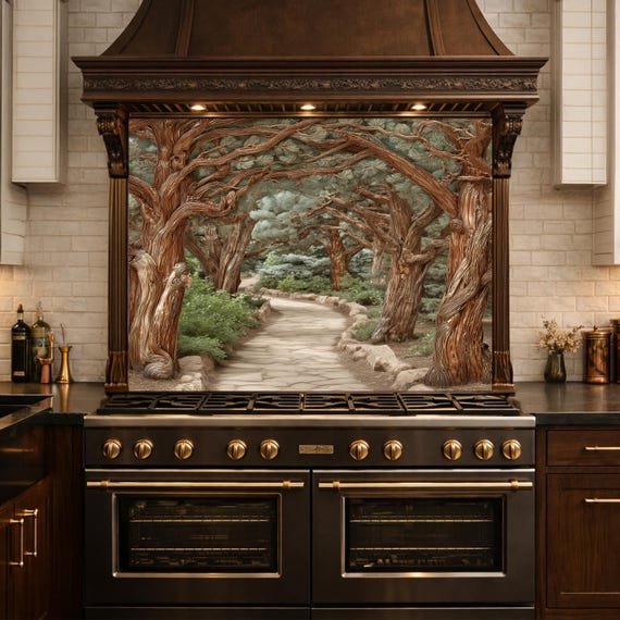 Enchanted Forest Path Backsplash, Copper Look Curved Trees Wall Panel, Nature Decor, Custom Size