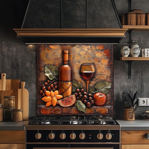 Wine-Themed Tempered Glass Kitchen Backsplash: Stove Area Art