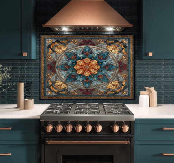 Stained Glass Style Kitchen Backsplash, Floral Mandala Tempered Glass, Ornate Mosaic Wall Art