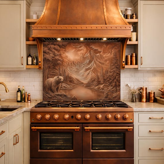 Copper Mountain Bear Glass Kitchen Backsplash Panel, Rustic Stove Guard Wall Art Decor