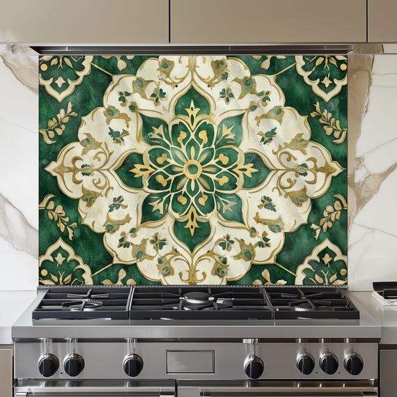 Moroccan Tempered Glass Backsplash, Artistic Geometric Stove Guard, Heat Resistant Easy Clean Art