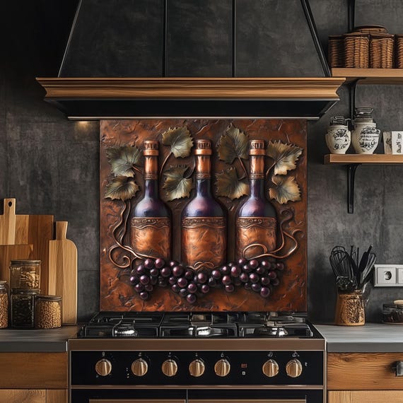 Wine Bottle Tempered Glass Kitchen Backsplash: Rustic Vineyard Decor
