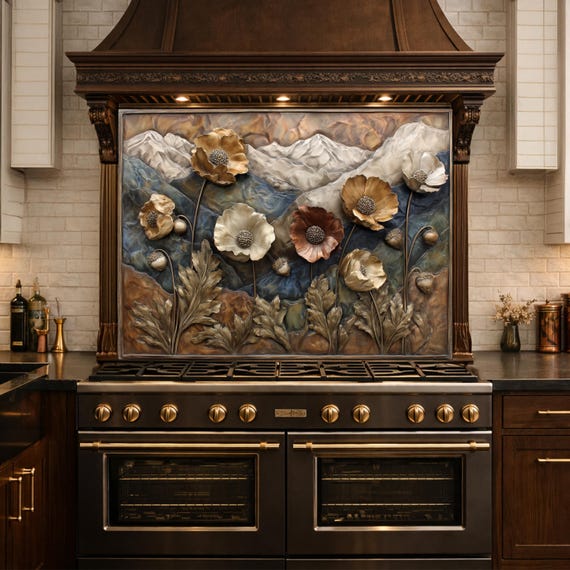 Alpine Poppies Tempered Glass Backsplash, Copper Look Mountain and Flower Wall Panel, Custom Size