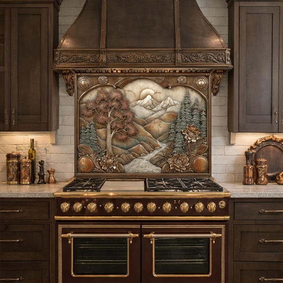 Wilderness Valley Tempered Glass Backsplash, Copper Embossed River Forest Wall Panel, Custom Size