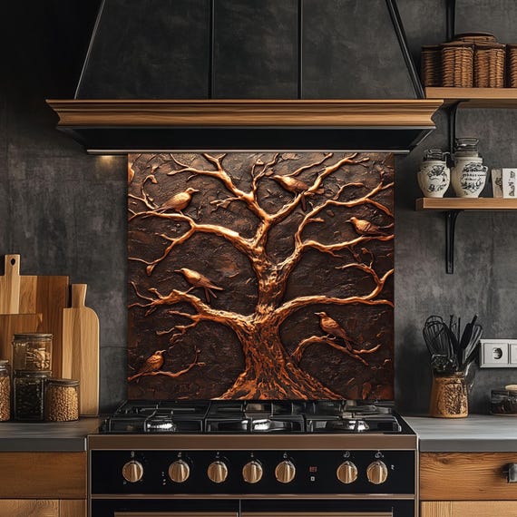 Copper Tree Tempered Glass Kitchen Backsplash: Rustic Stove Panel