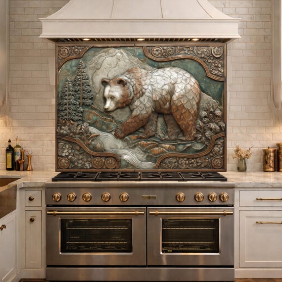 Mountain Stream Tempered Glass Backsplash, Copper Look Grizzly Bear Wall Panel, Custom Size